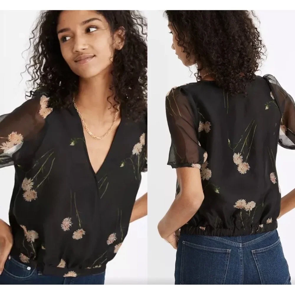 Madewell  Silk Puff Sleeve Wrap‎ Top Black Floral V-Neck Blouse XXS, fits sz 4
